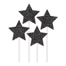 Glitter Black Stars Topper - 4 Pack