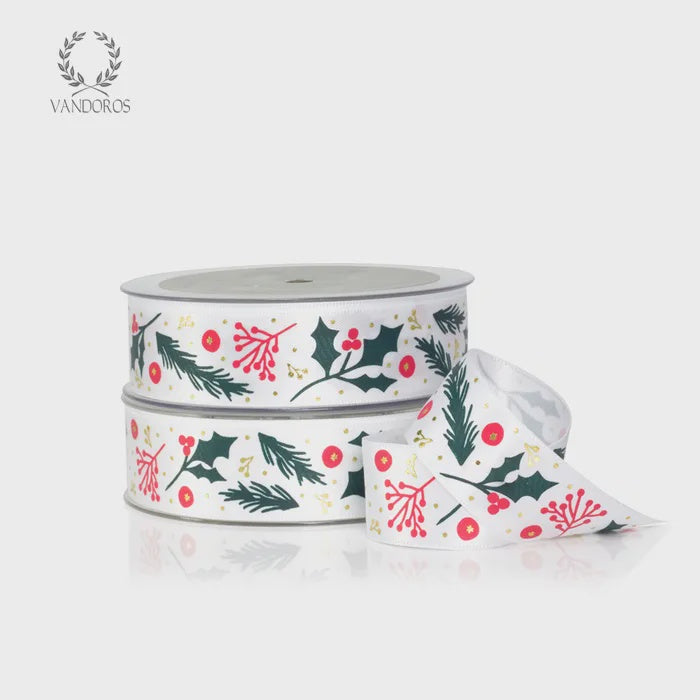 Ribbon - Holly & Berries Satin Red/Green 25mm x 25M = 1 meter