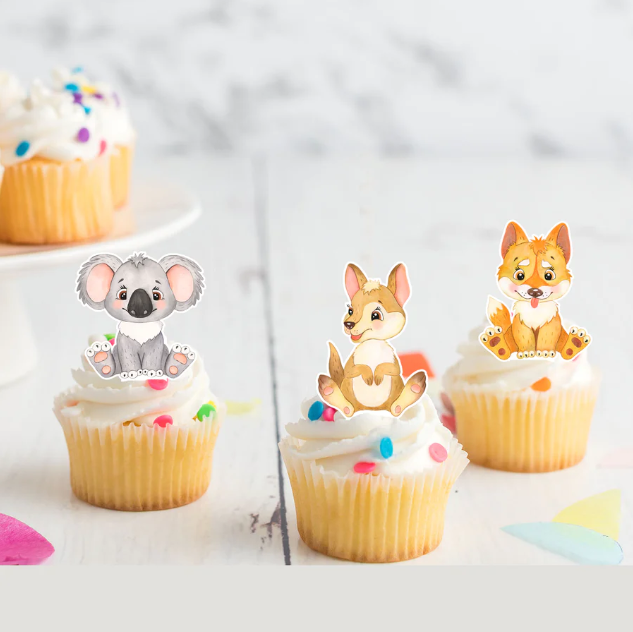 Aussie Animals Pre-Cut Edible Stand-Up Wafer Card Cupcake Toppers - 12 Pack