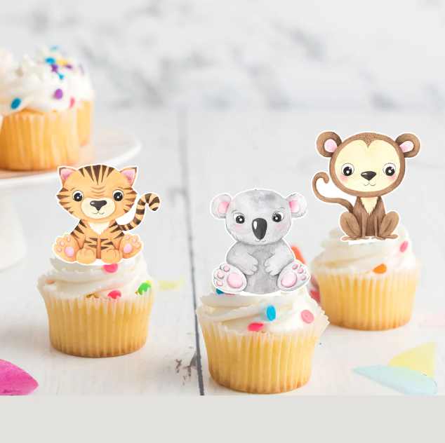 Tropical Animals Pre-Cut Edible Stand-Up Wafer Card Cupcake Toppers - 12 Pack