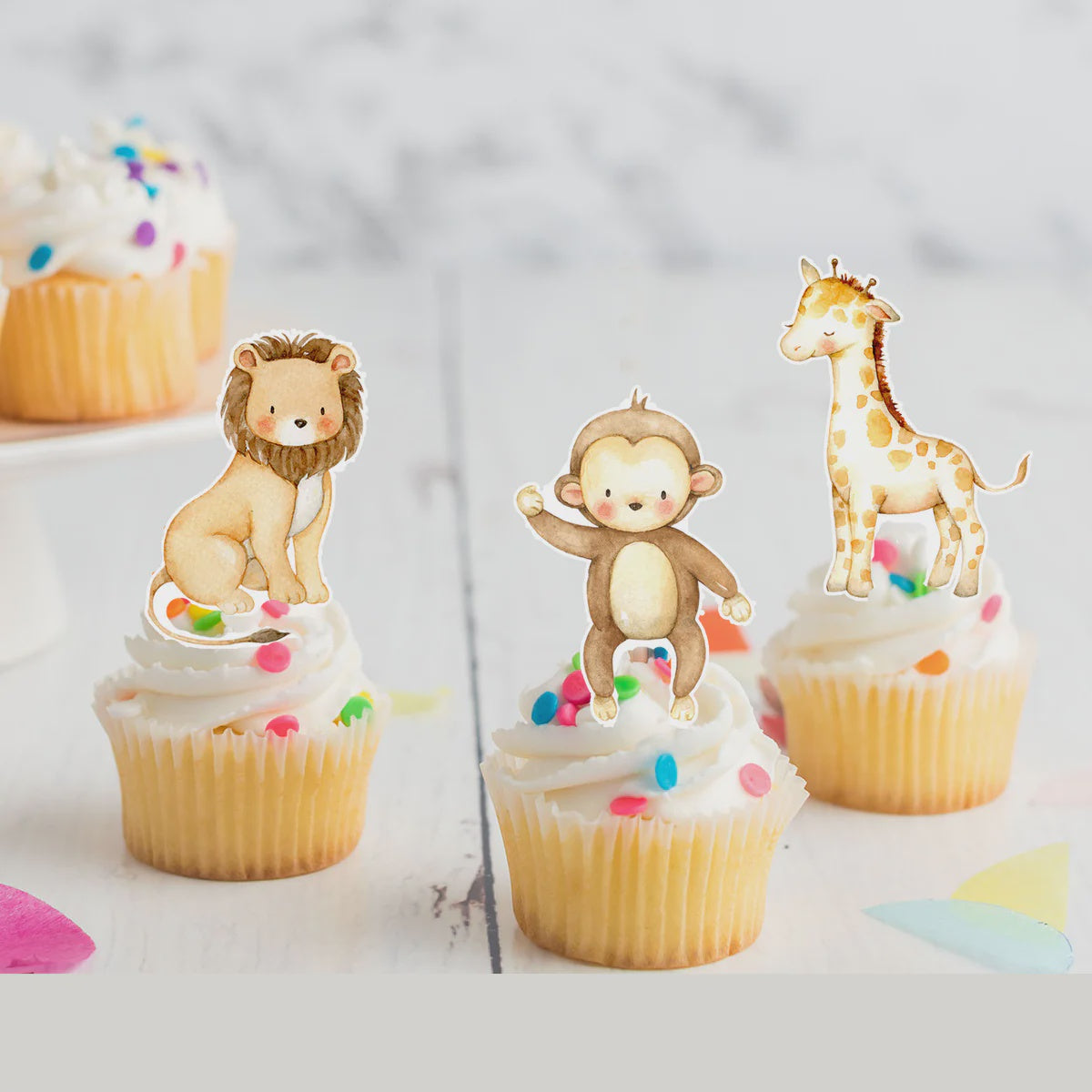Jungle Animal Safari Pre-cut Edible Stand-Up Wafer Card Cupcake Toppers - 12 Pack