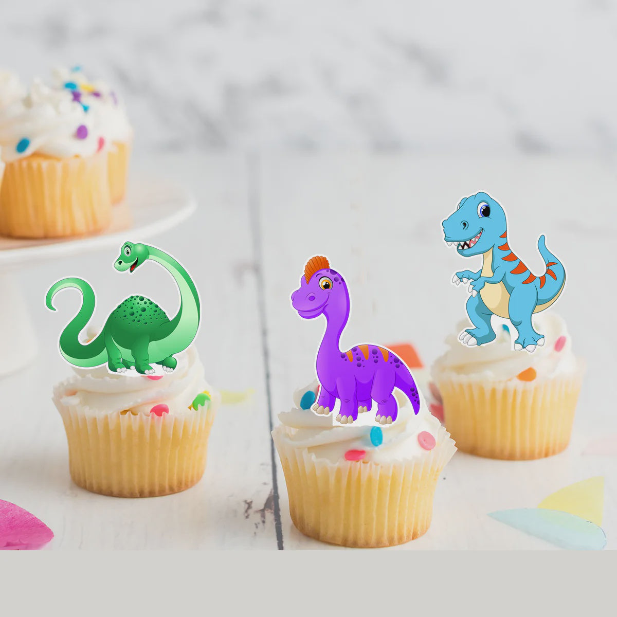 Dinosaur Pre-cut Edible Stand Up Wafer Card Cupcake Toppers - 12 Packb