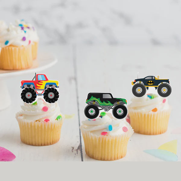 Monster Trucks Pre-cut Stand-Up Edible Wafer Card Cupcake Toppers - 12 Pack