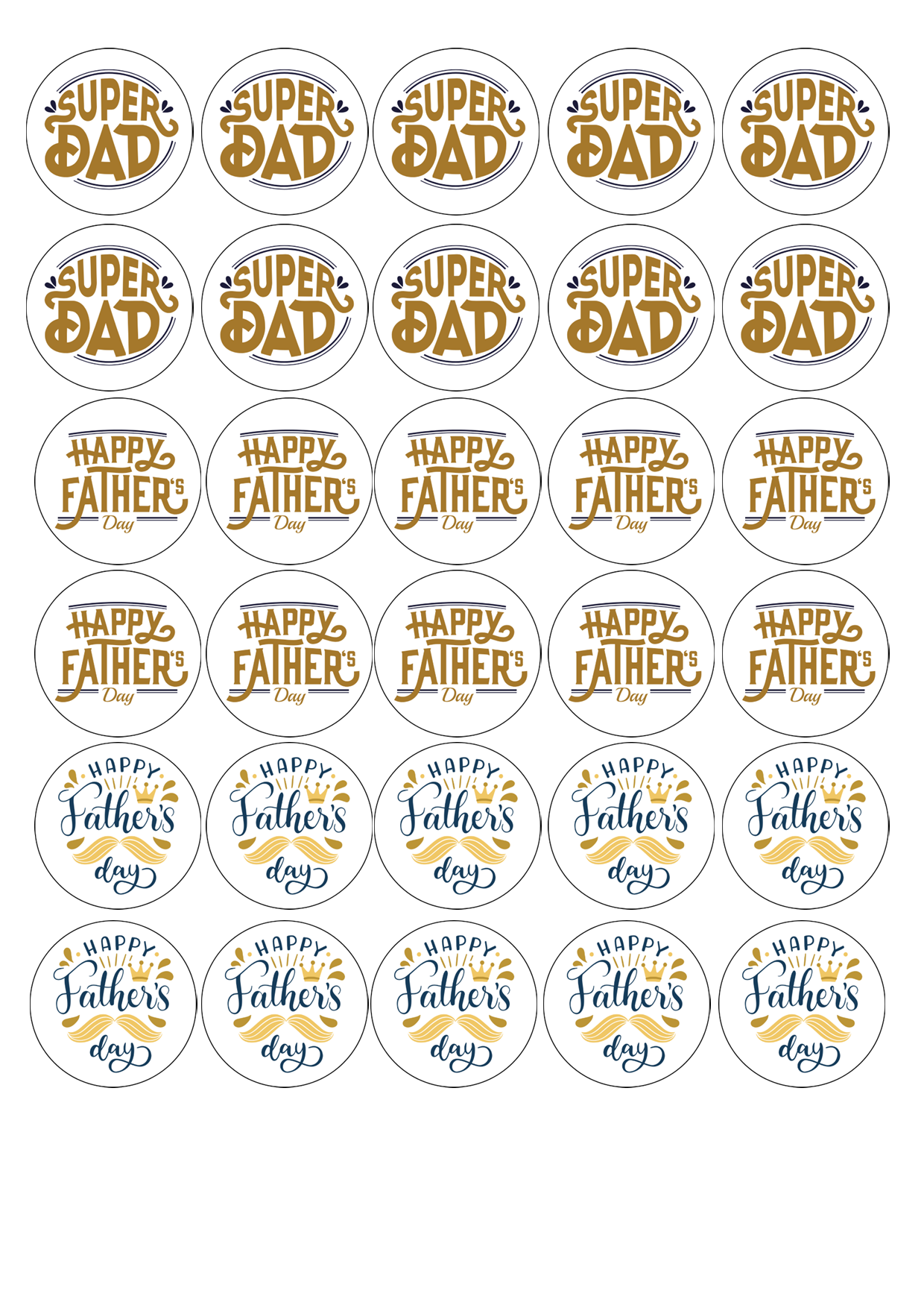 Edible Cupcake Toppers - 1.5" (4cm) Pre-Cut Round - 30 Toppers Per Page - Father's Day Set 2