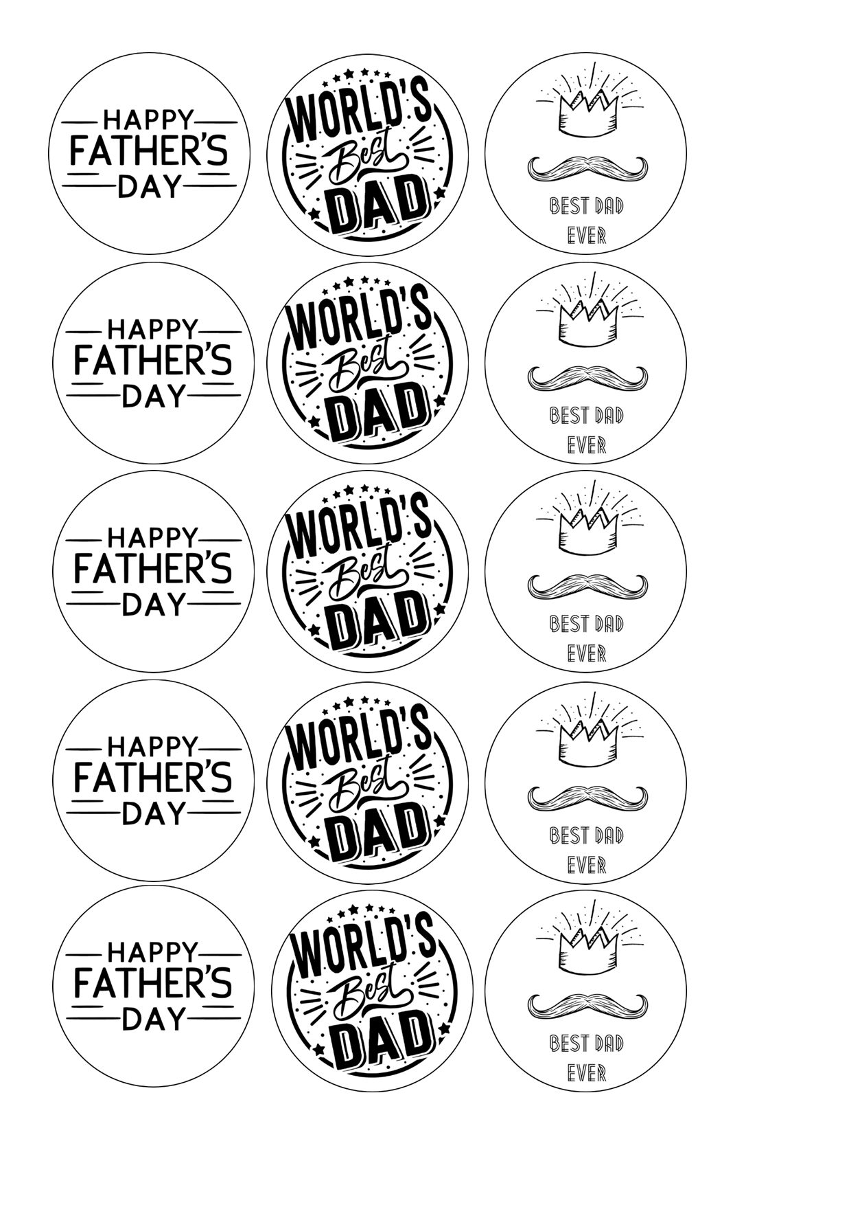 Edible Cupcake Toppers - 2" (5cm) Pre-Cut Round - 15 Toppers Per Page - Father's Day Set 3