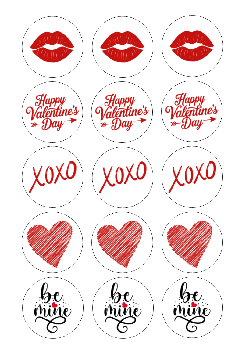 Edible Cupcake Toppers - 2" (5cm) Pre-Cut Round - 15 Toppers Per Page - Valentine's Day Set 1