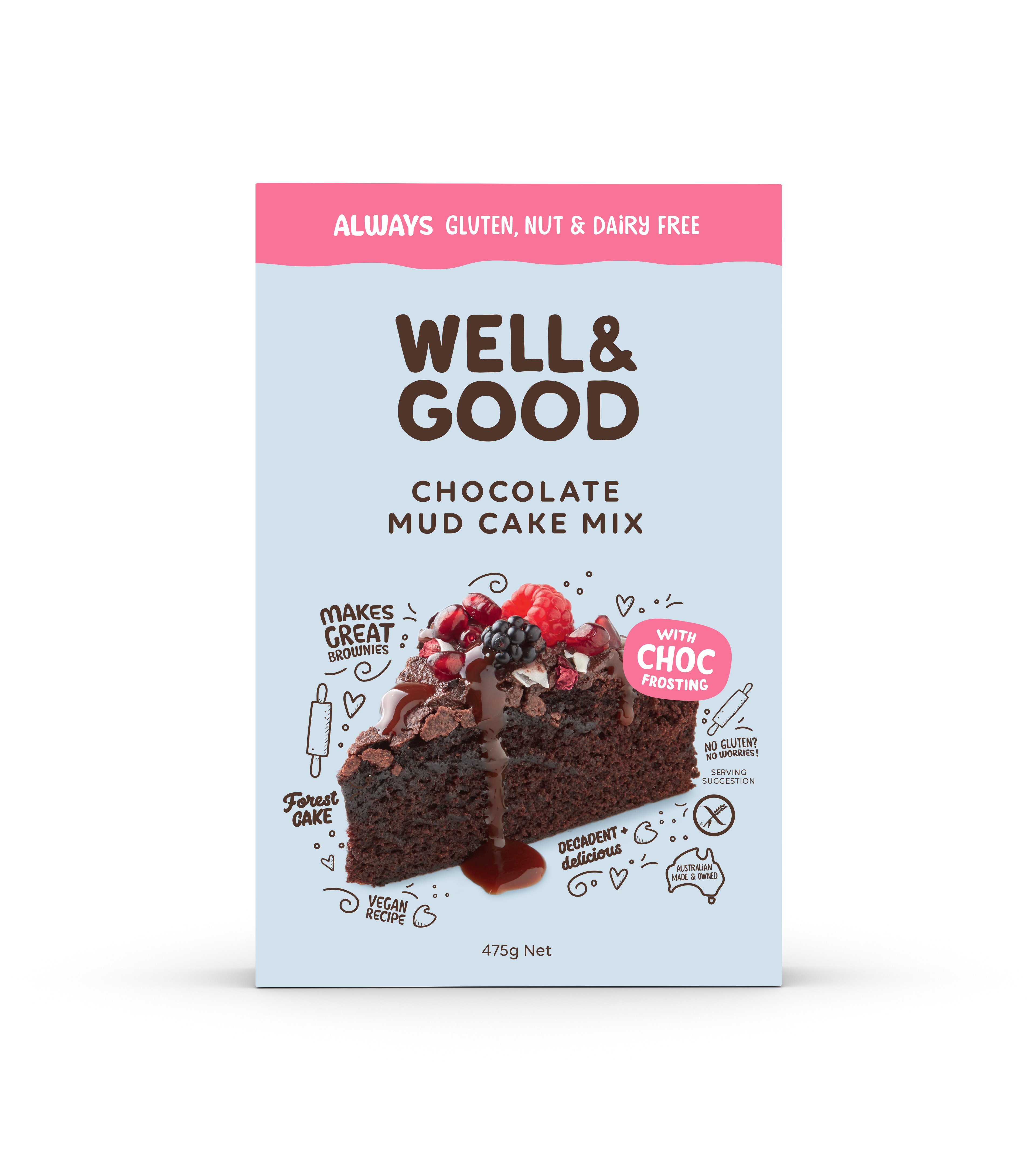 Well & Good Gluten Free Chocolate Mud Cake Mix + Frosting 475g