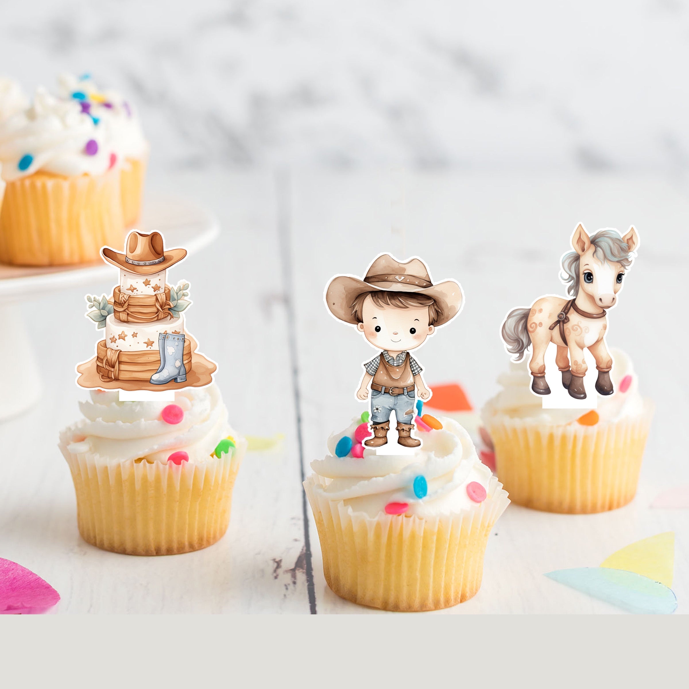 Cowboy Pre-Cut Edible Stand-Up Wafer Card Cupcake Toppers - Pack of 12