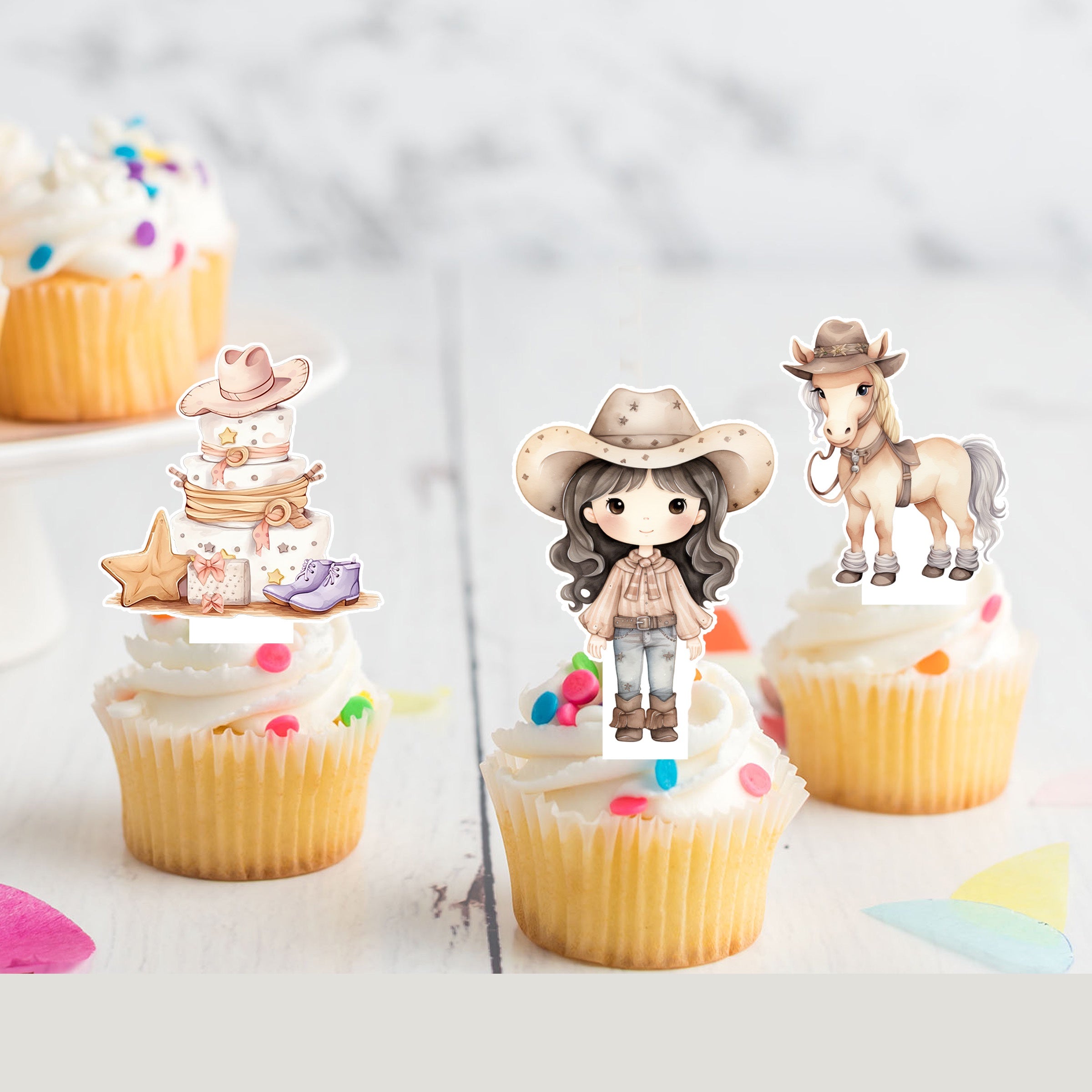 Cowgirl Pre-Cut Edible Stand-Up Wafer Card Cupcake Toppers - Pack of 12