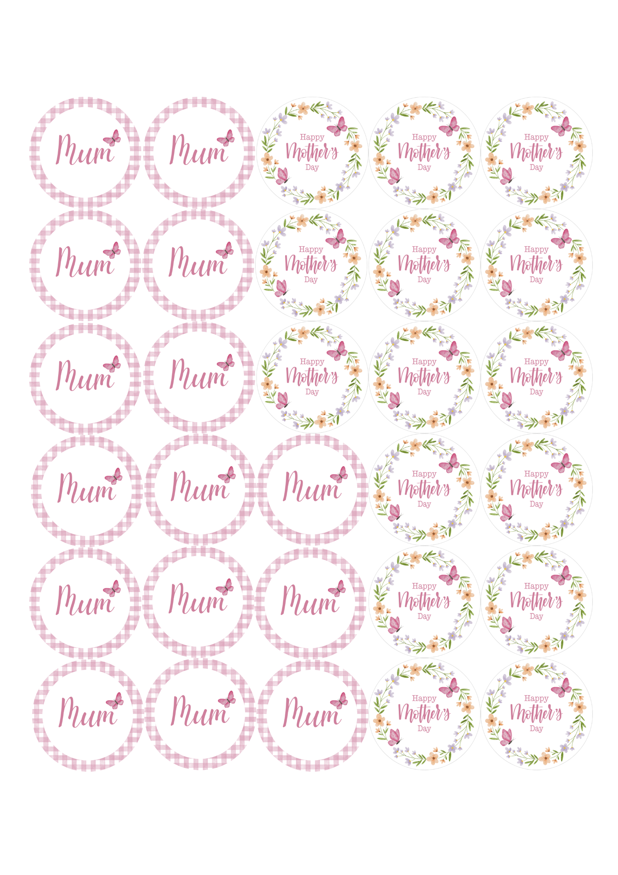 Edible Cupcake Toppers - 1.5" (4cm) Pre-Cut Round - 30 Toppers Per Page - Mother's Day Set 1
