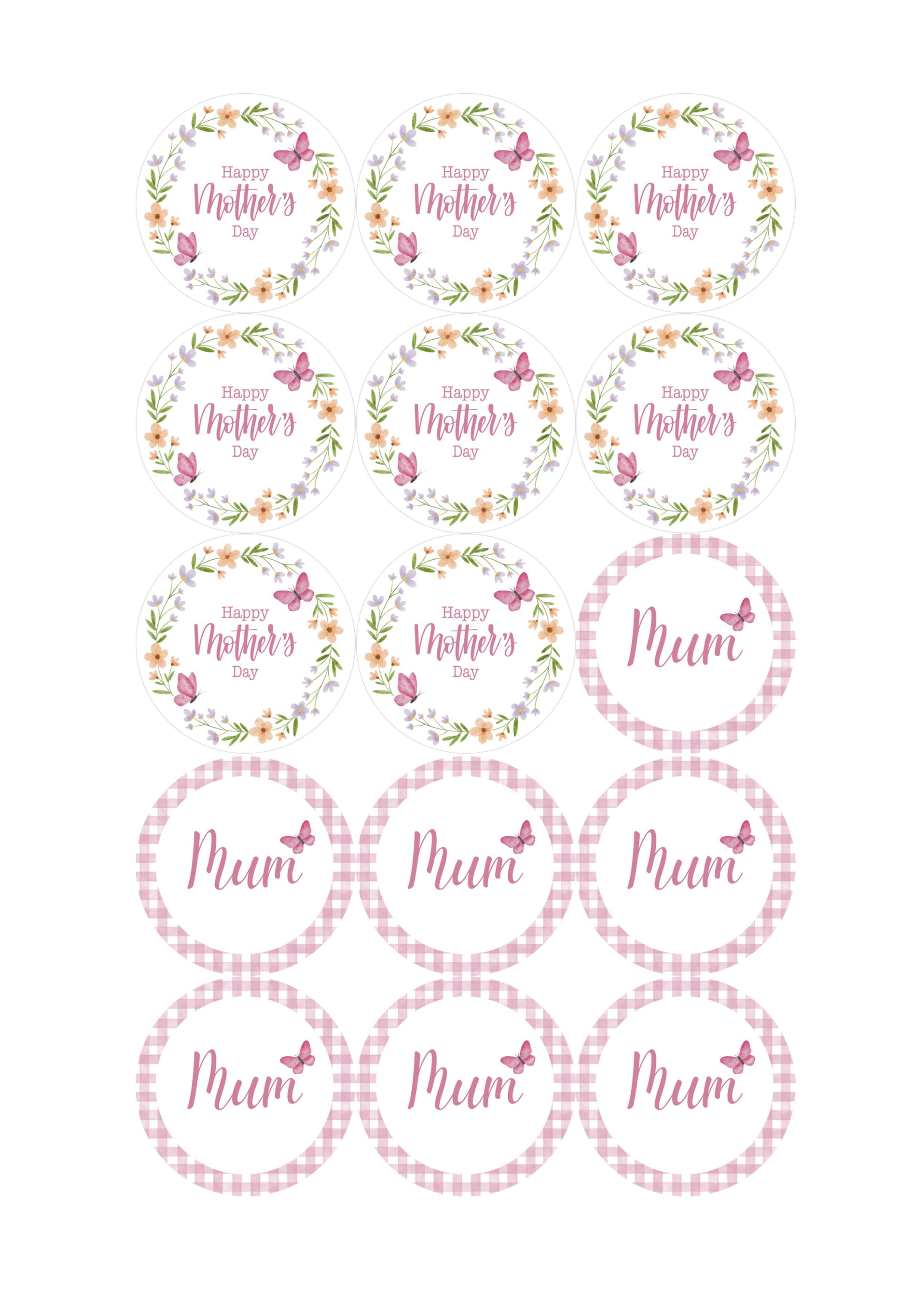 Edible Cupcake Toppers - 2" (5cm) Pre-Cut Round - 15 Toppers Per Page - Mother's Day Set 1