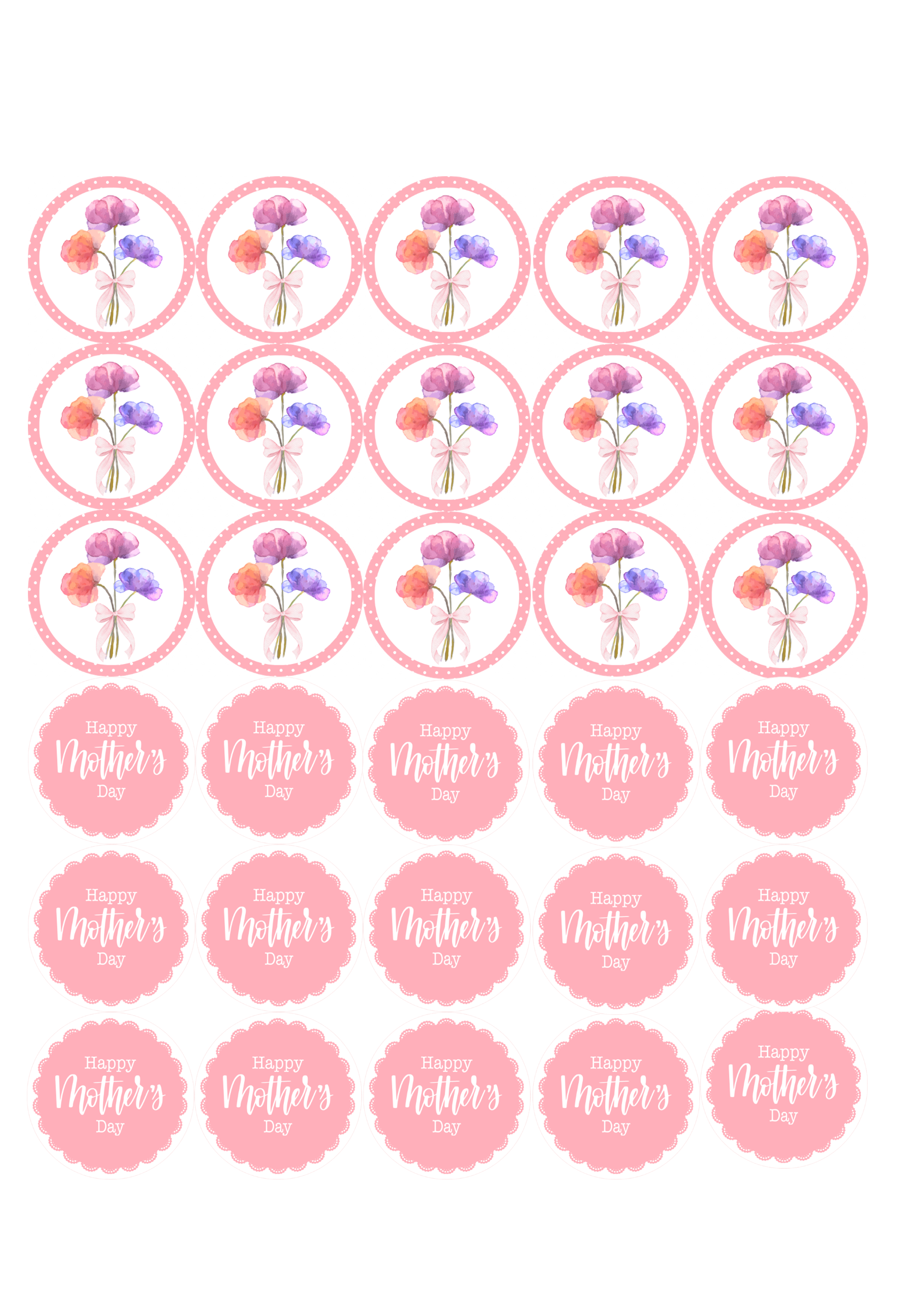 Edible Cupcake Toppers - 1.5" (4cm) Pre-Cut Round - 30 Toppers Per Page - Mother's Day Set 2