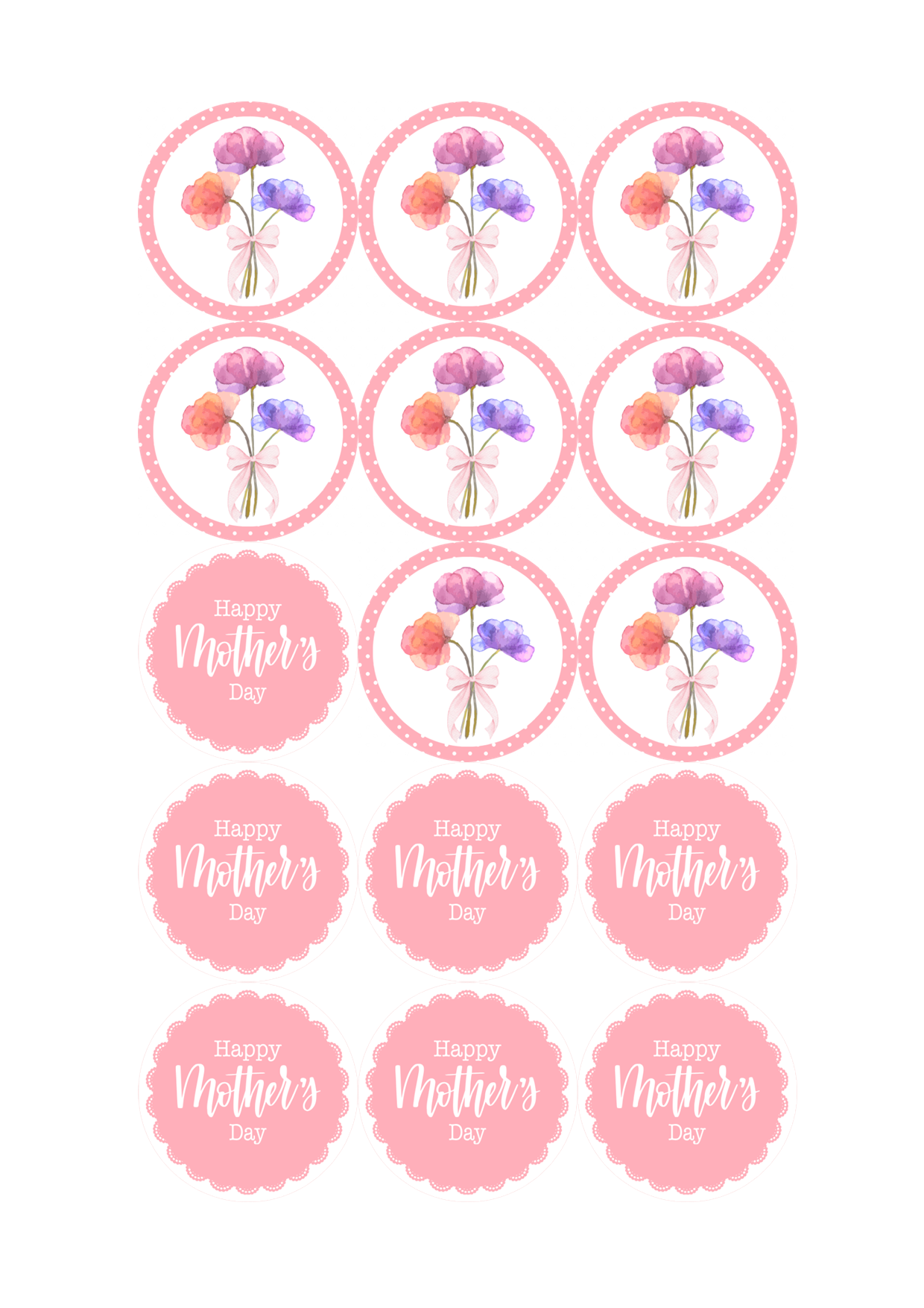 Edible Cupcake Toppers - 2" (5cm) Pre-Cut Round - 15 Toppers Per Page - Mother's Day Set 2