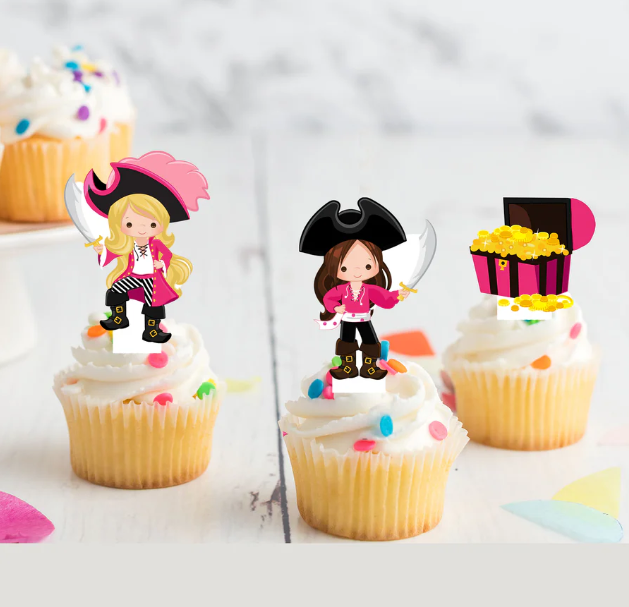 Pirate Girls Pre-Cut Edible Stand-Up Wafer Card Cupcake Toppers - 12 pack