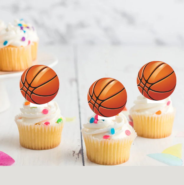 Basketballs Edible Stand-Up Wafer Card Cupcake Toppers - 12 Pack