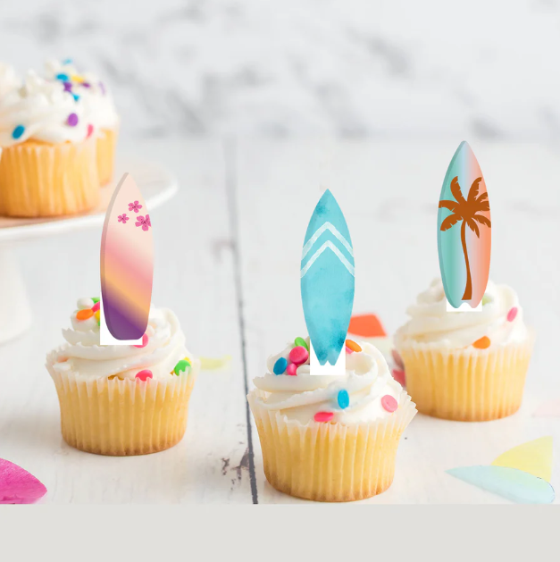 Surfboard Edible Stand-Up Wafer Card Cupcake Toppers - 12 Pack