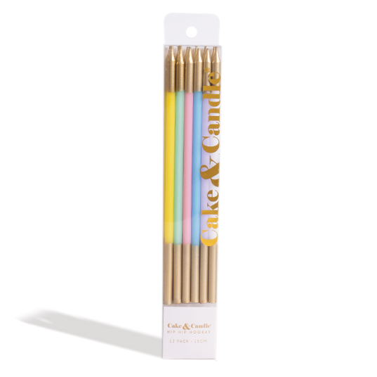 Gold Double Dipped Cake Candles 15cm Pack of 12 - Pastel Mix