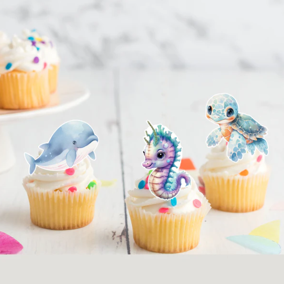 Under the Sea Animals Pre-Cut Edible Stand-Up Wafer Card Cupcake Toppers - 12 Pack