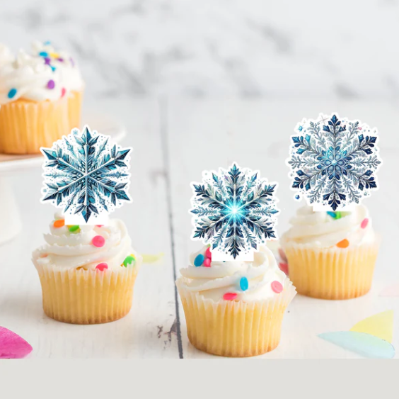 Snowflakes Christmas Pre-Cut Edible Stand-Up Wafer Card Cupcake Toppers - Pack of 12