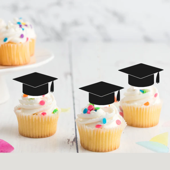 Graduation Hat Pre-Cut Edible Stand-Up Wafer Card Cupcake Toppers - Pack of 12