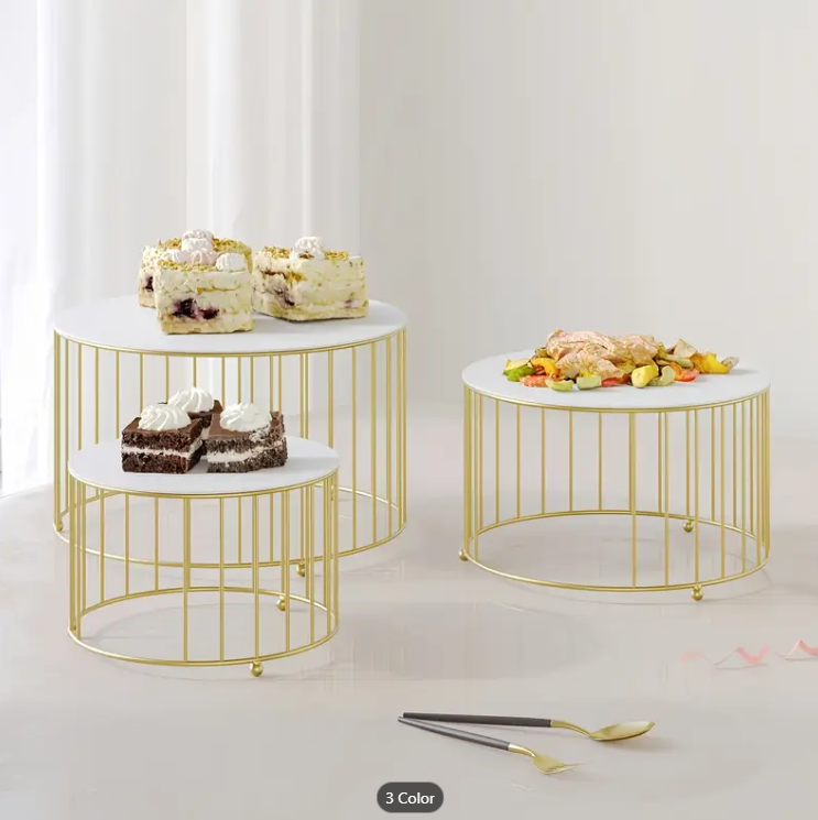 20cm Round Metal Cake Stand - Gold with White Marble Cake Board