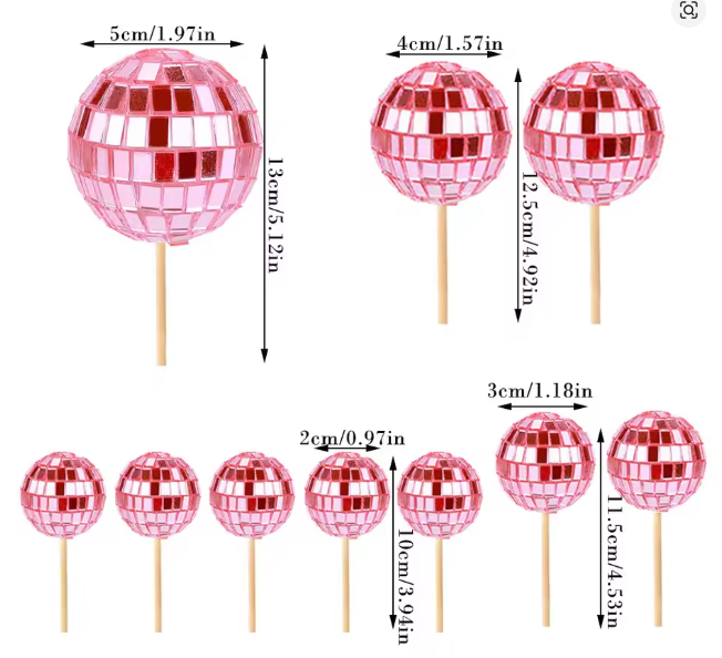 Cake Ball Toppers 10pc Mixed Sizes - Pink Disco Balls