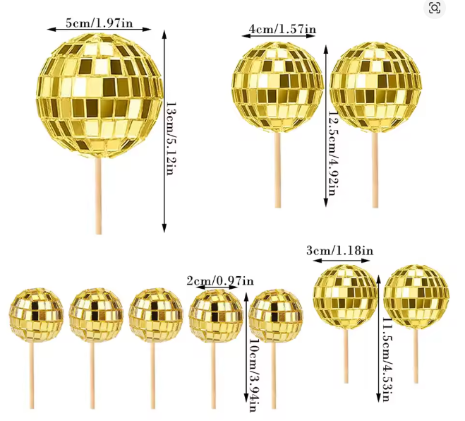 Cake Ball Toppers 10pc Mixed Sizes - Gold Disco Balls