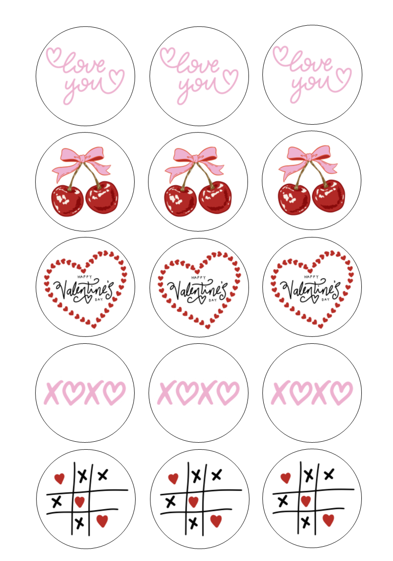 Edible Cupcake Toppers - 2" (5cm) Pre-Cut Round - 15 Toppers Per Page - Valentine's Day Set 3