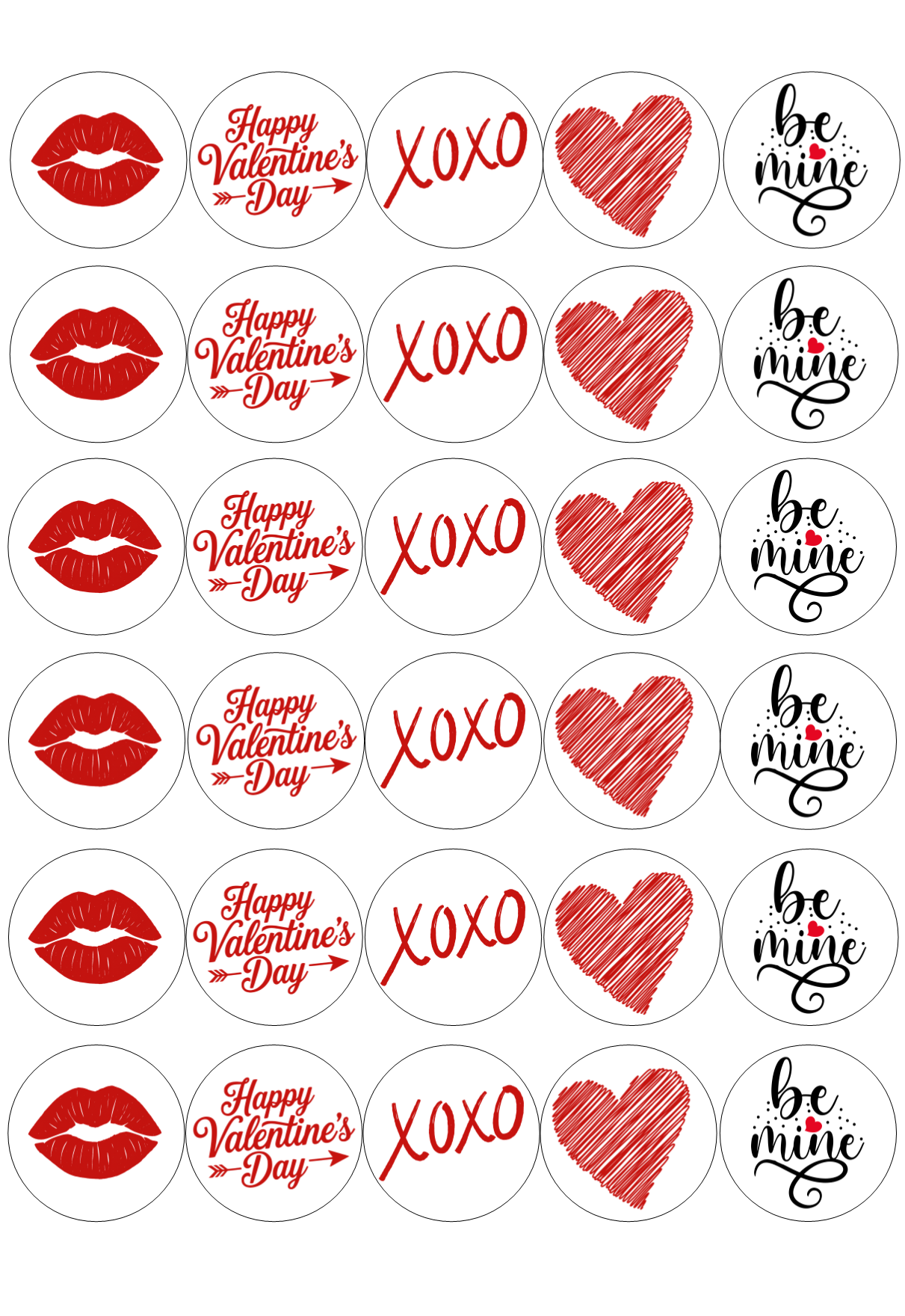 Edible Cupcake Toppers - 1.5" (4cm) Pre-Cut Round - 30 Toppers Per Page - Valentine's Day Set 1