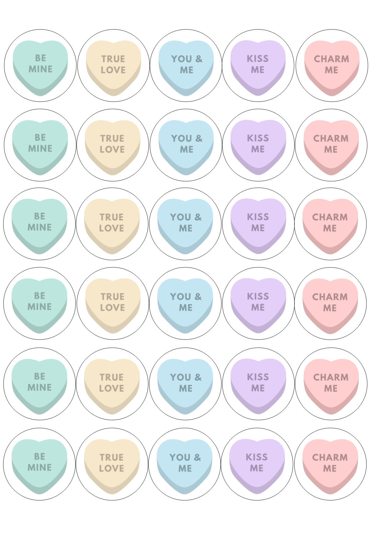 Edible Cupcake Toppers - 1.5" (4cm) Pre-Cut Round - 30 Toppers Per Page - Valentine's Day Set 2