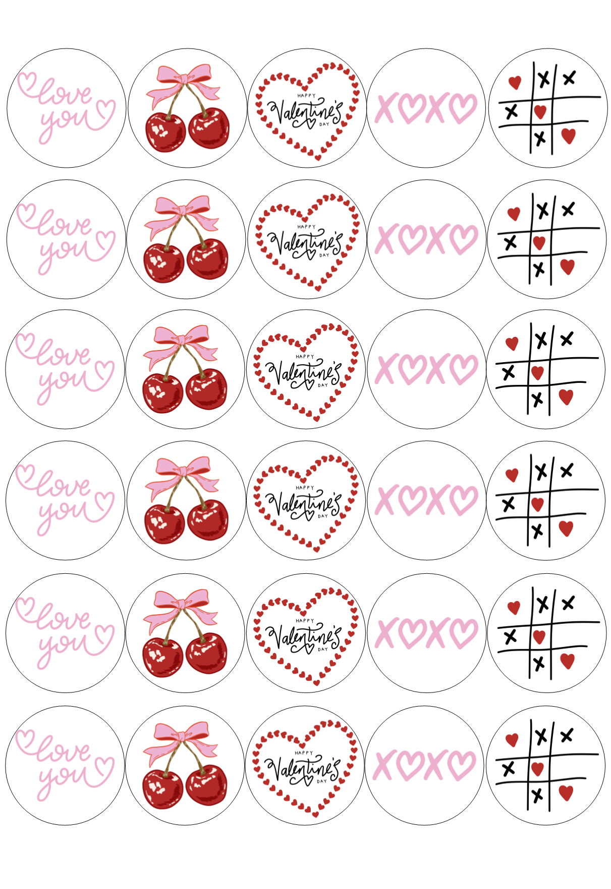 Edible Cupcake Toppers - 1.5" (4cm) Pre-Cut Round - 30 Toppers Per Page - Valentine's Day Set 3