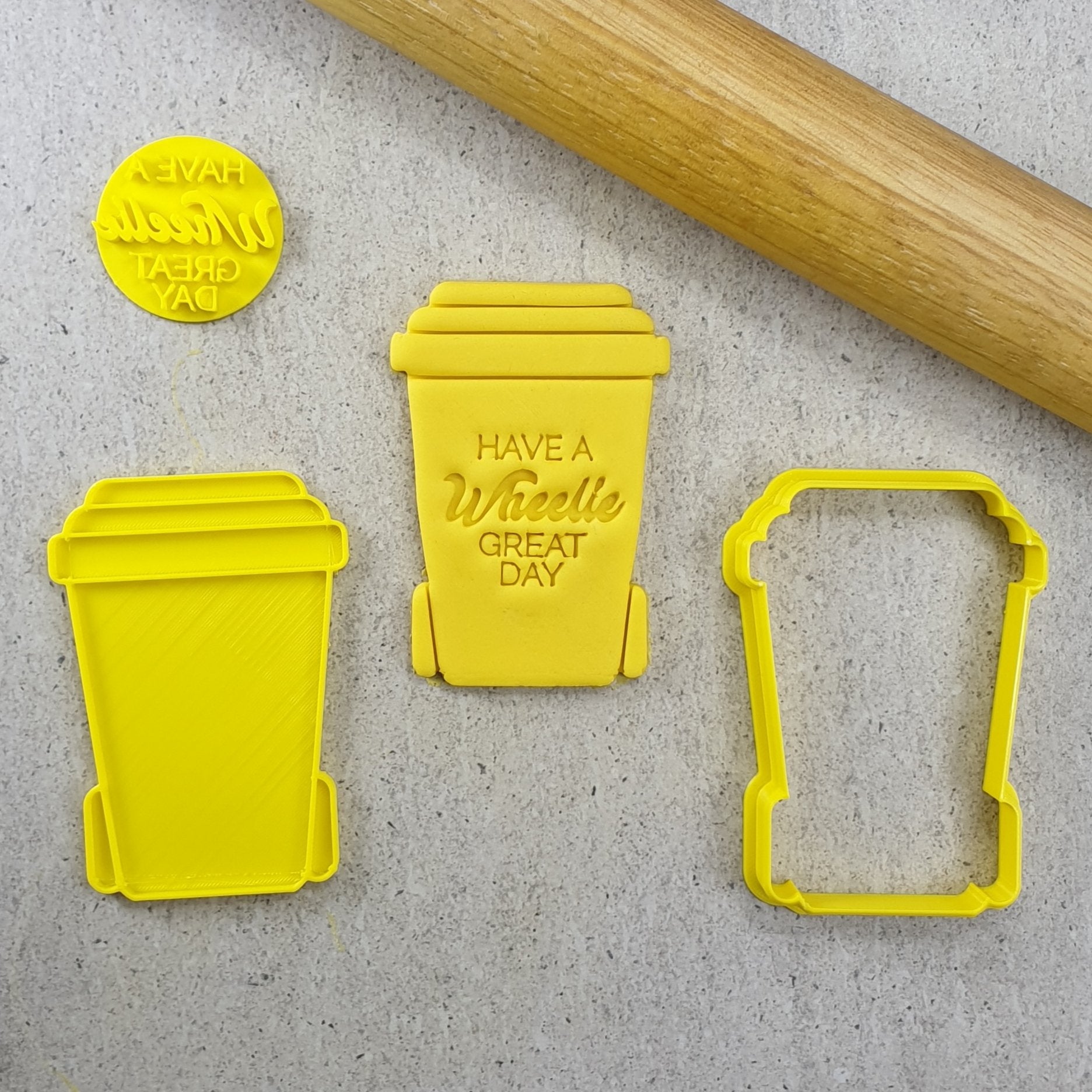 Custom Cookie Cutter Wheelie Bin Embosser and Cutter "Have a Wheelie Great Day"