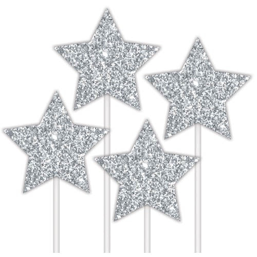 Glitter Silver  Stars Topper - 4 Pack