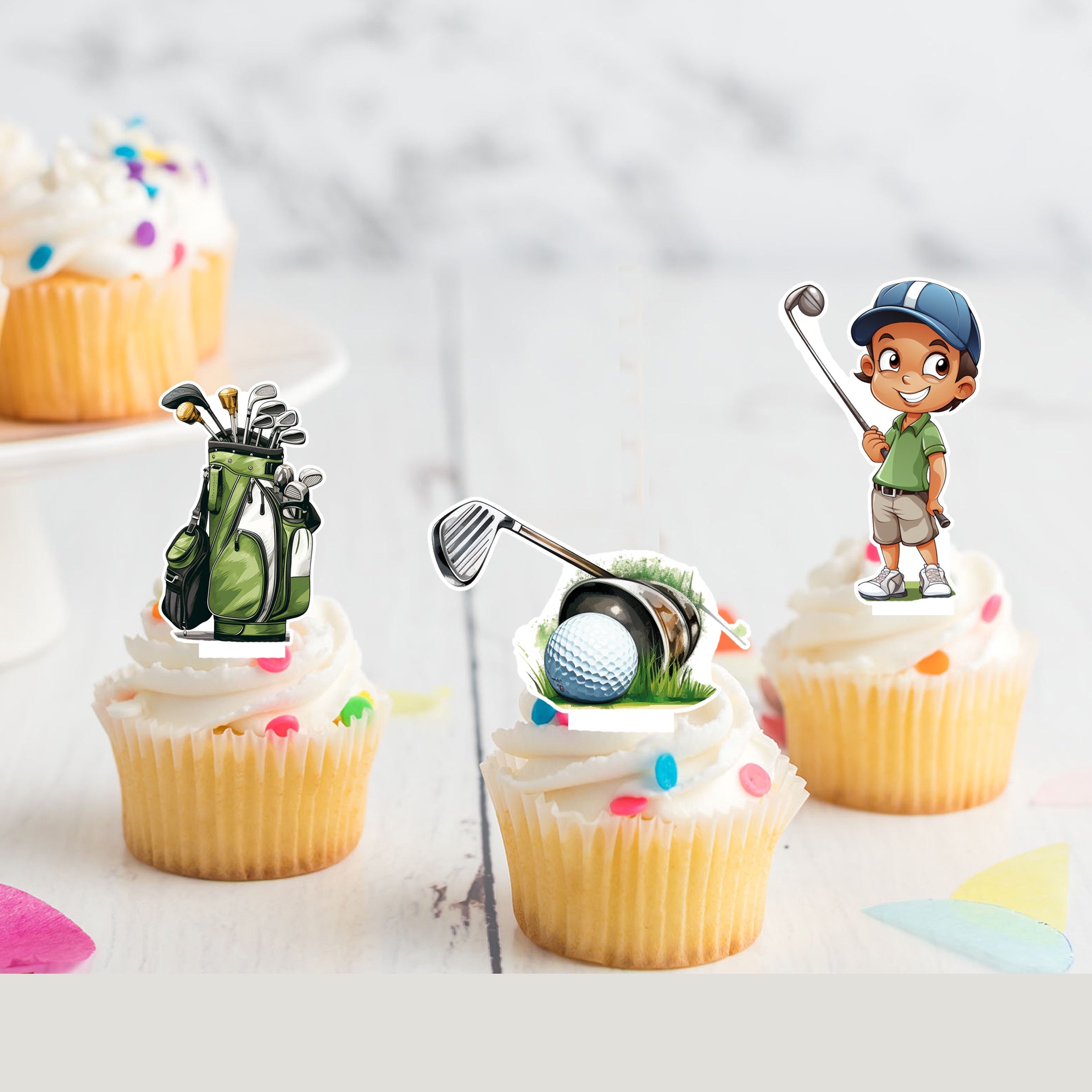 Male Golfer Pre-Cut Edible Stand-Up Wafer Card Cupcake Toppers - 12 Pack