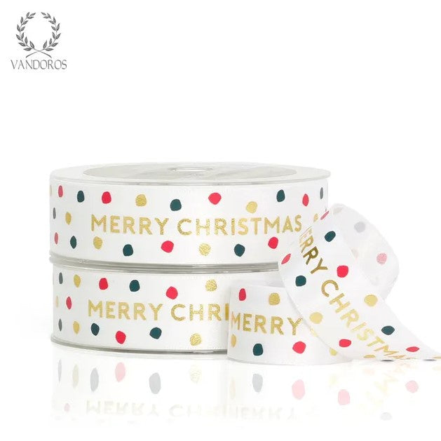 Jolly Christmas Satin White/Gold 25mm wide - sold by the metre