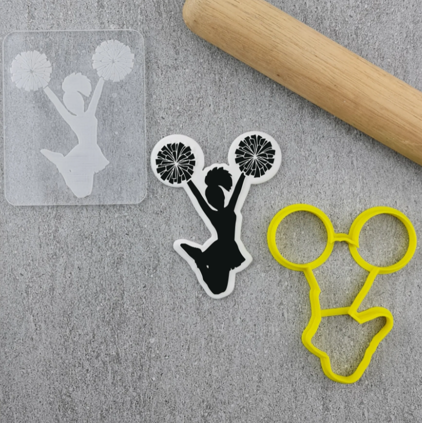 Custom Cookie Cutters Cheerleader Jumping Pom Cutter and Debosser Set