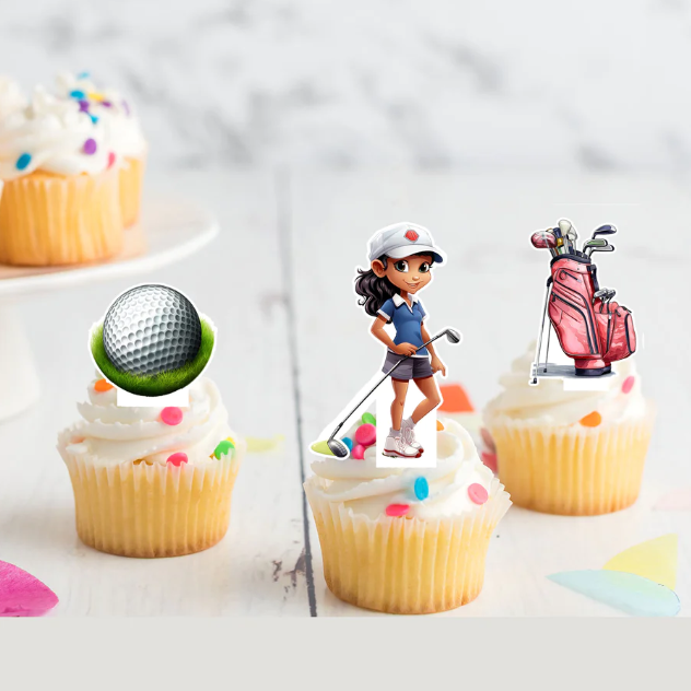 Female Golfer Pre-Cut Edible Stand-Up Wafer Card Cupcake Toppers - 12 Pack