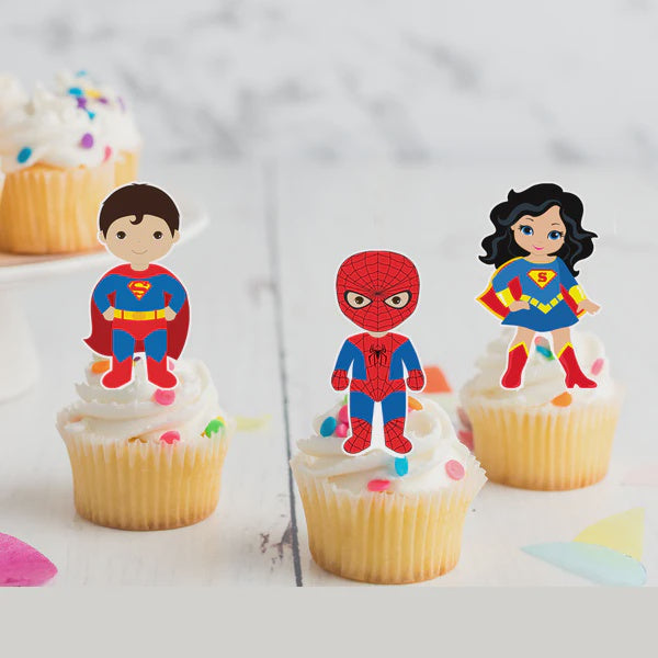 Superheroes Spiderman Superman Pre-cut Edible Stand-Up Wafer Card Cupcake Toppers - 12 Pack