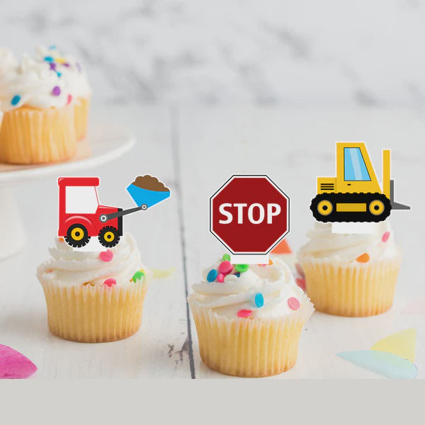 Construction Zone Pre-cut Edible Stand-Up Wafer Card Cupcake Toppers -12 Pack
