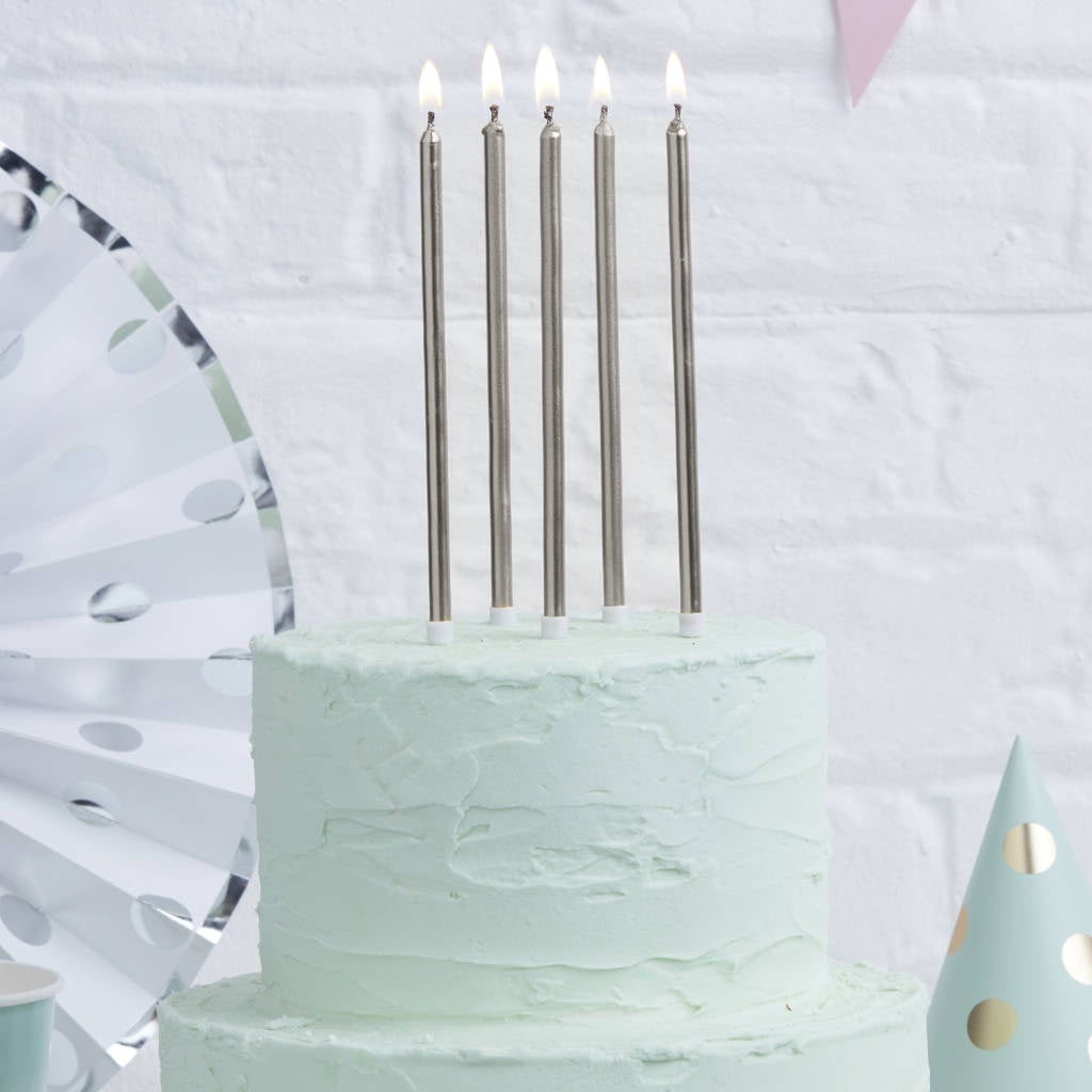12cm Tall Cake Candles - Silver 12pk