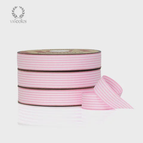 Ribbon - Pink/White Stripe 25mm x 50M - 1 metre